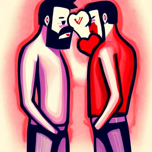 Image similar to two beautiful chad men drinking beer, red hearts, white heart, friendship, love, sadness, dark ambiance, concept by Godfrey Blow, featured on deviantart, drawing, sots art, lyco art, artwork, photoillustration, poster art