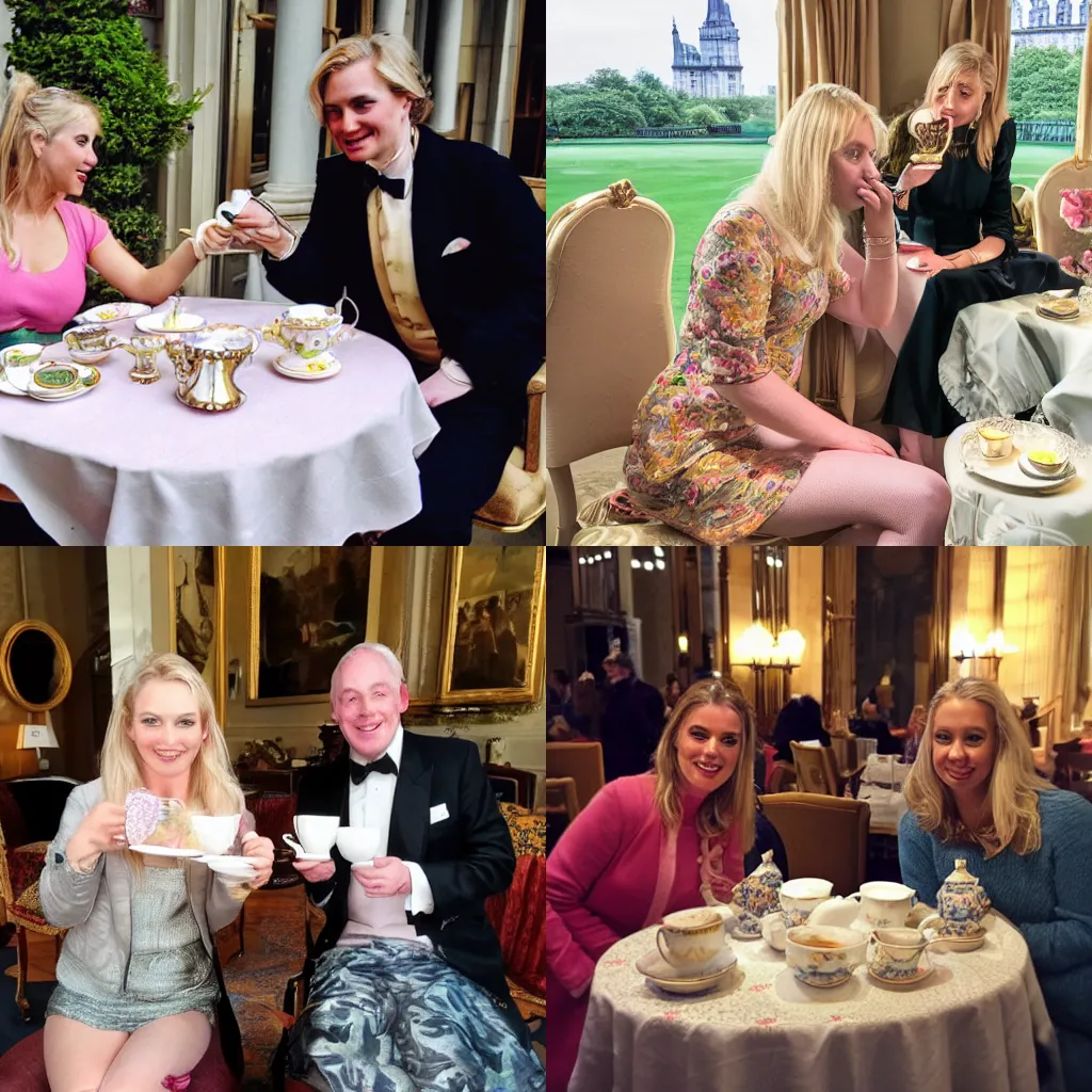 Prompt: a photo of a mallard and a pig and a blonde lady having tea at the ritz