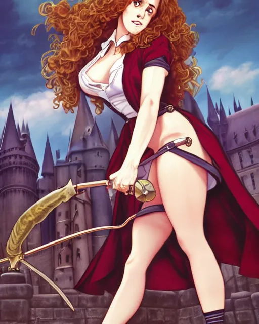 Image similar to pinup photo of hermione granger by emma watson in the crowded square of hogwarts, asuna by a - 1 pictures, by by andrei riabovitchev, james jean, gil elvgren, enoch bolles, glossy skin, pearlescent, anime, very coherent, sao style anime, flat