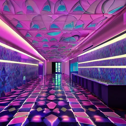 Image similar to dreampool rooms, neon ceramic tiles, purple sunlight coming through columns of neon marble