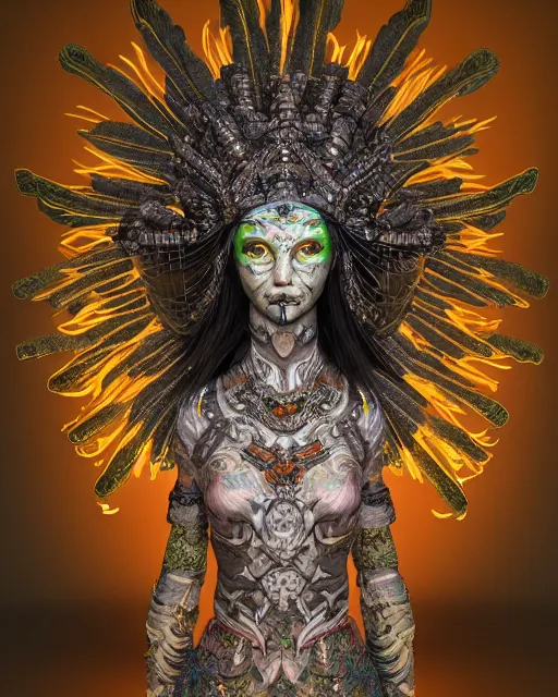 Image similar to 3 d warrior goddess medium shot portrait. beautiful hyperrealistic intricate highly detailed magpie helm and richly embroidered blouse, quetzalcoatl, bioluminescent, curious, kintsugi, plasma, lava, ice, feather, artwork by tooth wu and wlop and chiara bautista, octane 3 d render