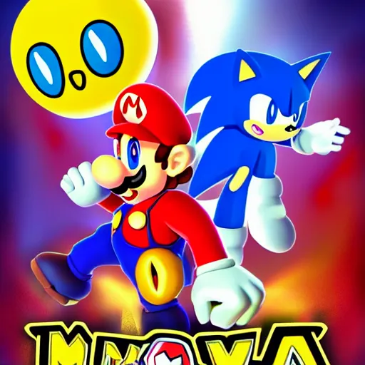 Image similar to super mario, kirby, sonic the hedgehog, super smash bros, star wars themed movie poster high detail accurate eyes and good gesture poses, pokemon anime cartoon style