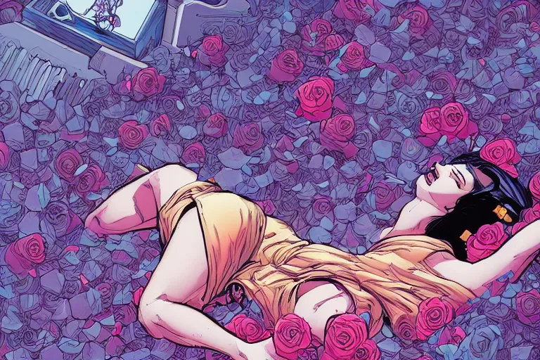 Image similar to comic book illustration, an android princess lying on a bed of roses, cyberpunk concept art by josan gonzales and Moebius, highly detailed, intricate, sci-fi, sharp focus, Trending on Artstation HQ, deviantart