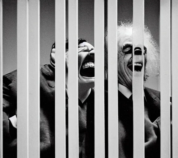 Prompt: Joachim Brohm photo of 'a muscled einstein laughing behind jail bars', high contrast, high exposure photo, monochrome, DLSR