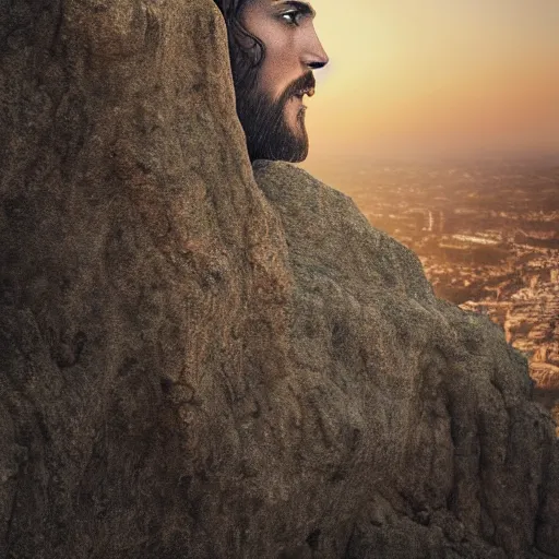 Image similar to Jesus Christ’s head sticking out from a tomb in a cliff side, cinematic perspective, movie shot, 8k, full hd