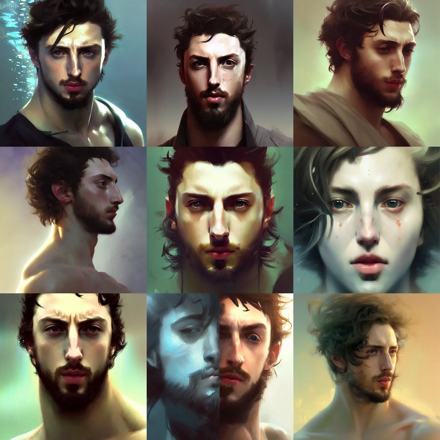 Prompt: character concept portrait, centralized, aaron taylor johnson, underwater, style digital painting, concept art, smooth, sharp focus, illustration, from metal gear, by ruan jia and mandy jurgens and william - adolphe bouguereau, artgerm