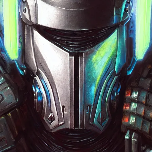 Prompt: the doomslayer with bright glowing armor as a realistic scifi cyberpunk knight, closeup portrait art by donato giancola and greg rutkowski, vintage retro scifi, realistic face, digital art, trending on artstation, symmetry!!!