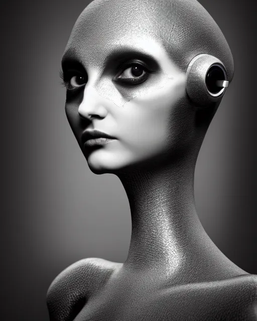 Image similar to surreal mythical dreamy dark artistic black and white fine art 3 / 4 portrait photo of a young delicate female robot with orchid - owl face, rim light, cinematic, studio dramatic light, poetic, octane render, 8 k, photo - realistic by hg giger