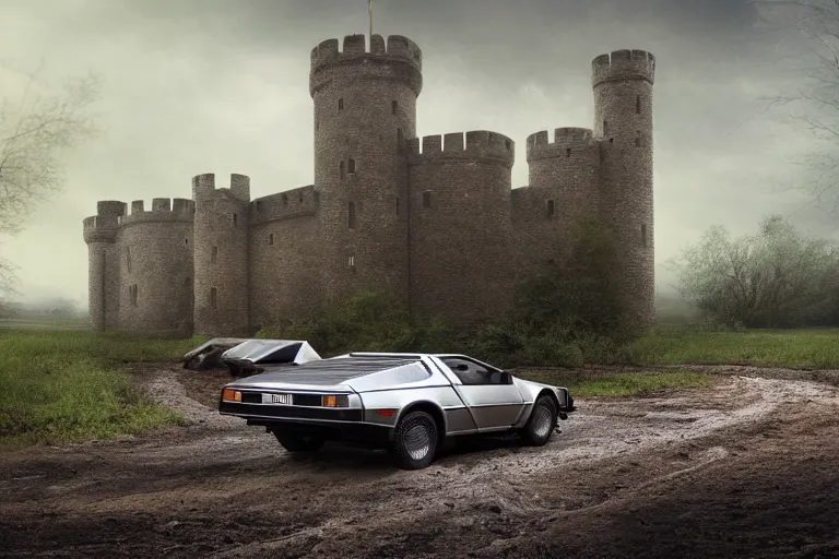 Image similar to Delorean car driving on a muddy road by a small castle, in the middle ages, digital matte painting, 4k UHD, desktop wallpaper