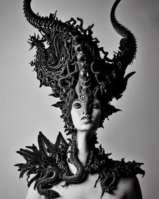 Prompt: dark background, a black and white high quality dreamy photo of a young beautiful female queen-dragon-vegetal-cyborg bust with a very long neck and delicate Mandelbrot fractal face, elegant, highly detailed, flesh highly baroque ornate, hair are curled wired cables, elegant, poetic, soft, dreamy, mysterious, high fashion, rim light, in the style of Ellen von Unwerth, Realistic, Refined, Digital Art, Highly Detailed, Cinematic Lighting, rim light, black and white, photo-realistic, 8K