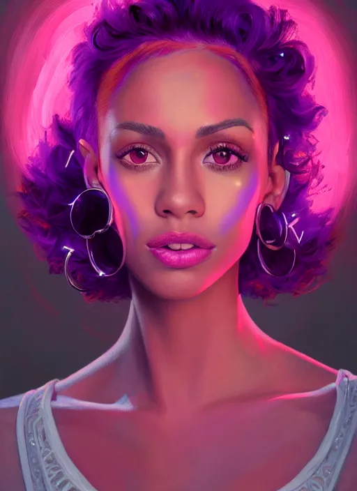 Image similar to portrait of vanessa morgan with bright pink hair, curly pixie cut hair, wearing a purple breton cap, breton cap, hoop earrings, intricate, elegant, glowing lights, highly detailed, digital painting, artstation, concept art, smooth, sharp focus, illustration, art by wlop, mars ravelo and greg rutkowski