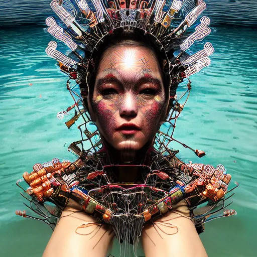 Image similar to swimming deeper into the multiverse, piles of modular synth cables mixed with mangrove roots, kawaii puerto rican goddess staring through your soul wearing a headpiece made of circuit boards, by cameron gray, wlop, stanley kubrick, masamune, hideki anno, jamie hewlett, unique perspective, trending on artstation, cinematic, 3 d render, vivid