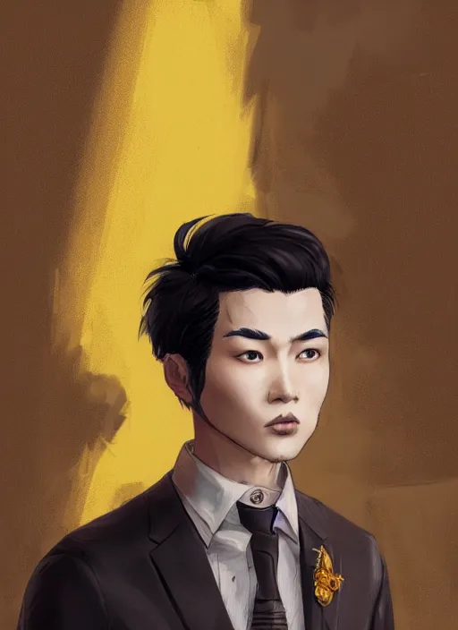 Prompt: a highly detailed illustration of attractive short black haired young asian man wearing suit, yellow eyes, dramatic thinking pose, intricate, elegant, highly detailed, centered, digital painting, artstation, concept art, smooth, sharp focus, league of legends concept art, WLOP