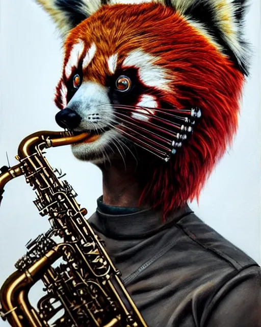 Prompt: a portrait of an anthropomorphic cyberpunk single red panda playing a saxophone by sandra chevrier, by jon foster, detailed render, tape deck, epic composition, cybernetics, 4 k realistic, cryengine, realistic shaded lighting, sharp focus, masterpiece, by enki bilal
