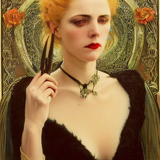 Image similar to portrait of a lady vampire, 35mm, victorian, depth of field, DOF, ominous, sharp, highly detailed, photorealistic, realistic, unreal 5, high definition, 8k, deviantart, donato giancola, irwin penn, Alphonse Mucha