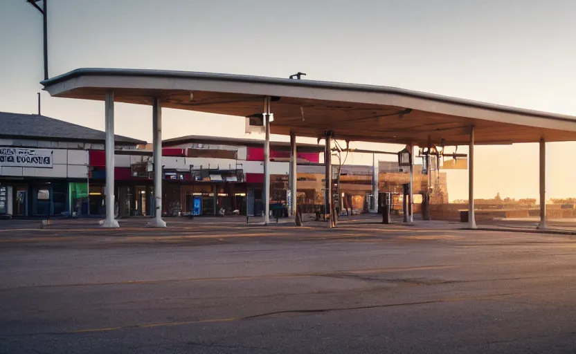 Image similar to wide exterior of the port byron travel plaza bus station in upstate buffalo new york, moody scene directed by charlie kaufman ( 2 0 0 1 ), anamorphic lenses, kodak color film stock, foggy volumetric light morning, cinematic trending on artstation