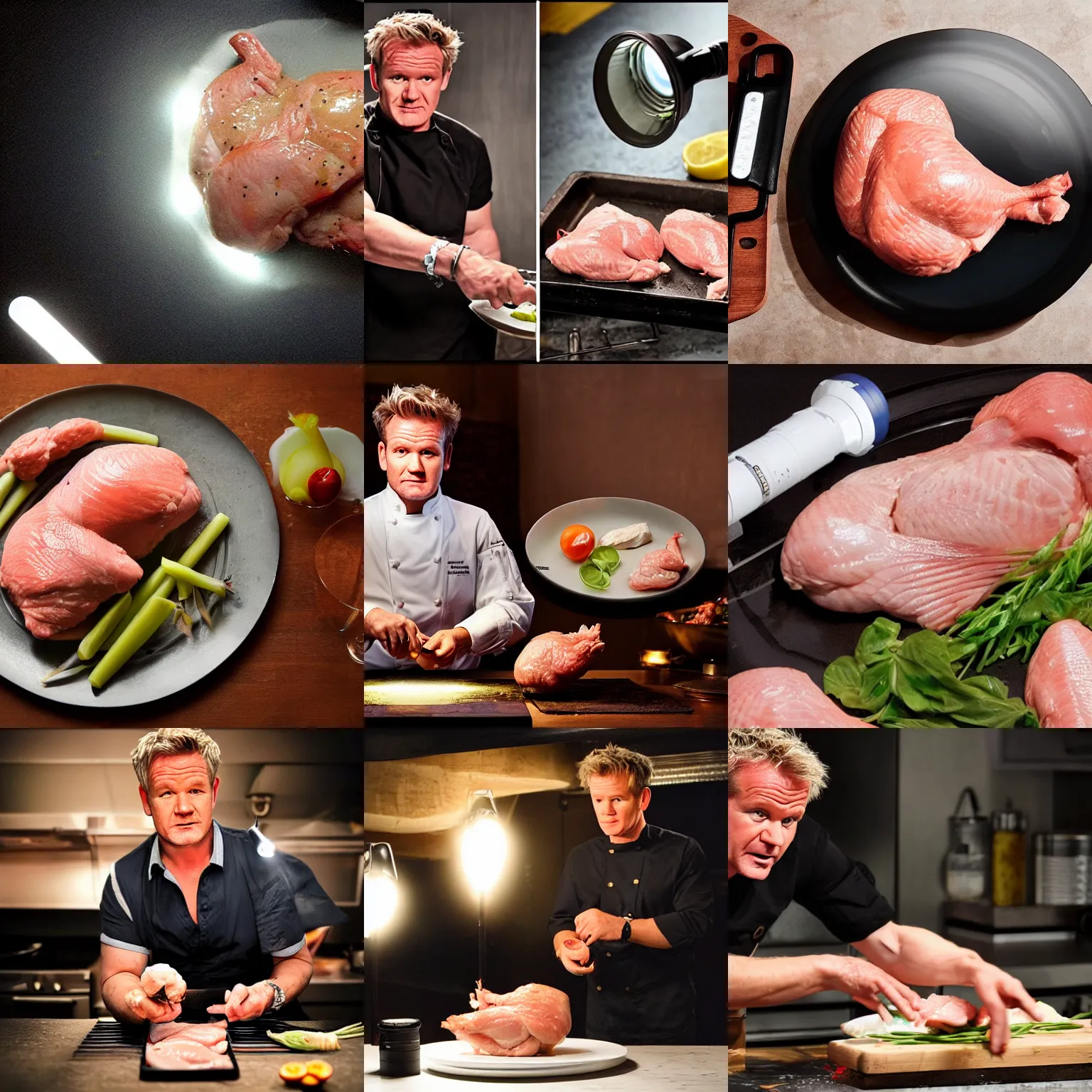 Prompt: <photograph quality=hd+ mode=attention-grabbing>Gordon Ramsey cooks raw chicken with a flashlight</photograph>