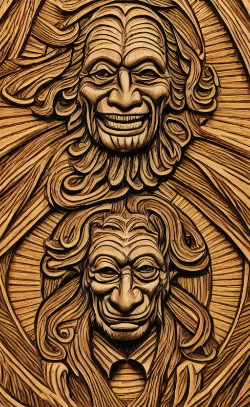 Image similar to an extremely detailed wood relief carving depicting a monstrous image of the jim varney, stylized sun, medieval, renaissance, manuscript, woodcut, in the style of albrecht durer, alchemical symbols