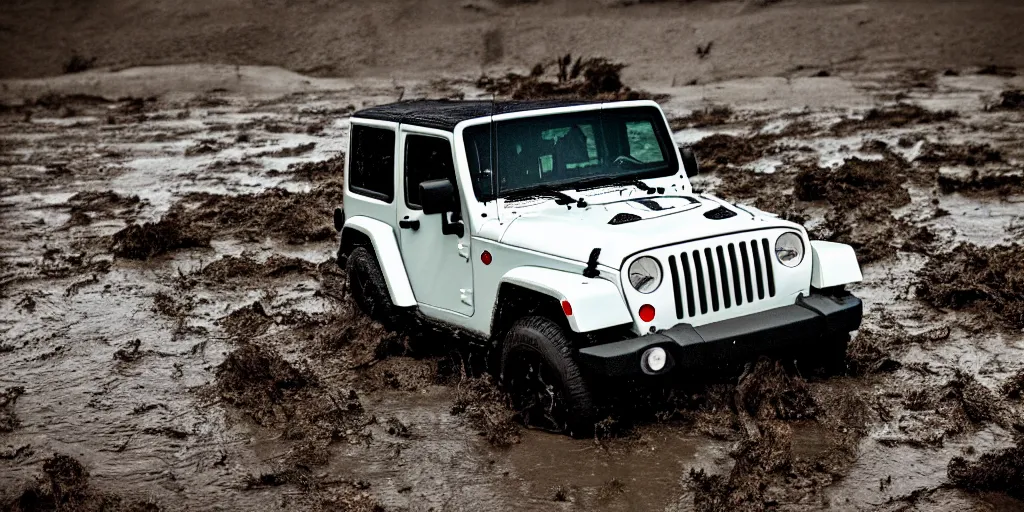 Image similar to noisy color photograph of a 1997 hardtop white Jeep Wrangler drowning in quicksand, dirty swamp, gritty, Venom liquid, cinematic, soft vintage glow