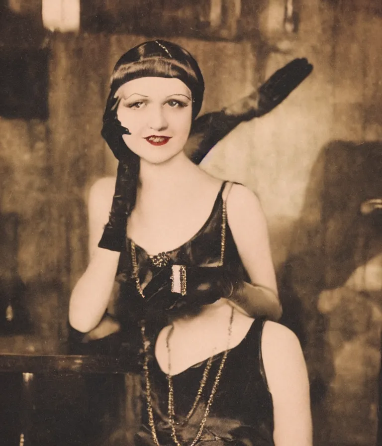 Prompt: antique grainy colored photo of a 1 9 2 0 s short - haired flapper woman in black satin gloves looking and smirking at the camera, at a party in a dimly lit speakeasy bar, jazz age, cohesive, 5 0 mm photography, precise, art deco, cinematic, low - lighting, photography