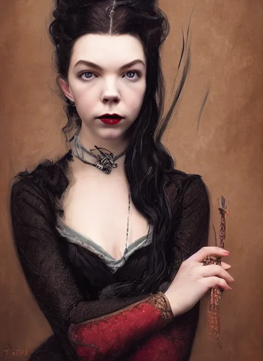 Image similar to a portrait of an elegant beautiful dark bohemian vampire woman, smooth face, glamour shot, (Anya Taylor-Joy), bored, illustration, dramatic lighting, soft details, painting oil on canvas, art nouveau, octane render, HDR, 4k, 8k, HD, by Edmund Blair Leighton, Brom, Charlie Bowater, trending on artstation,