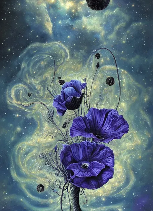 Image similar to detailed, intricate blue black and purple papaverum flower on the field, nebula, galaxy in the sky, winning award masterpiece, fantastically beautiful, illustration, aestheticly inspired, jacek yerka, upscale with anguissola sofonisba work, artstation, 8 k