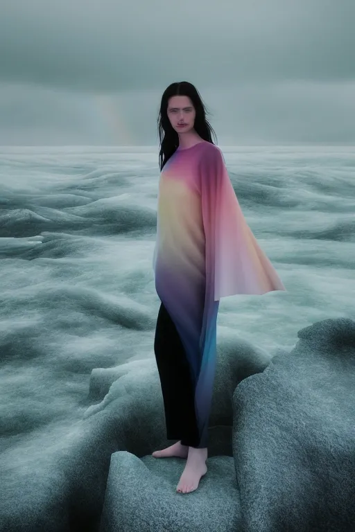 Image similar to high quality pastel coloured film close up wide angle photograph of a model wearing clothing swimming on cloud furniture in a icelandic black rock!! environment in a partially haze filled dreamstate world. three point light, rainbow. photographic production. art directed. pastel colours. volumetric clouds. pastel gradient overlay. waves glitch artefacts. extreme facial clarity. 8 k. filmic.