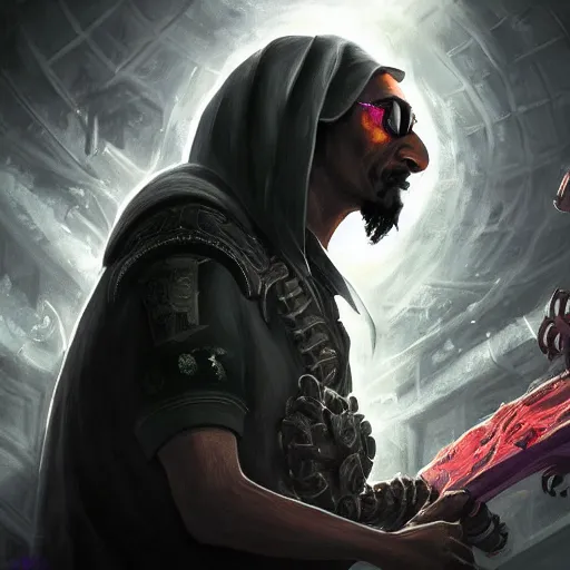 Image similar to portrait of snoop dogg as the grim reaper, league of legends amazing splashscreen artwork, gears of war, splash art, natural light, elegant, photorealistic facial features, intricate, fantasy, detailed face, atmospheric lighting, anamorphic lens flare, cinematic lighting, league of legends splash art, hd wallpaper, ultra high details by greg rutkowski