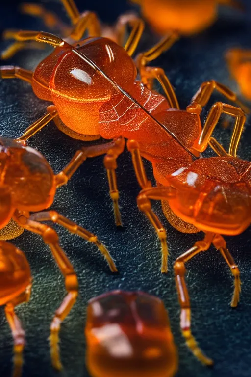 Image similar to high quality close-up photo translucent gelatinous spiders! gorgeous highly detailed hannah yata elson peter cinematic orange lighting high quality low angle hd 8k sharp shallow depth of field