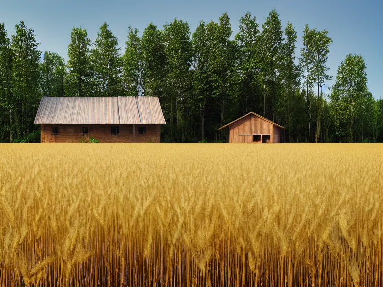 Prompt: hyperrealism photography of beautiful detailed eco house around the forest in small ukrainian village by taras shevchenko and wes anderson, wheat field behind the house