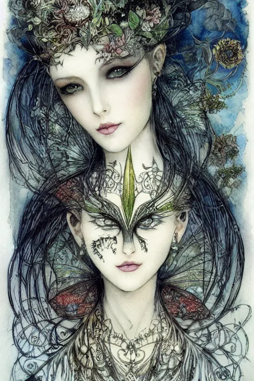 Prompt: dark fairy queen closeup face surrounded by floral frame, art by luis royo and walter crane and kay nielsen, watercolor illustration, sharp focus