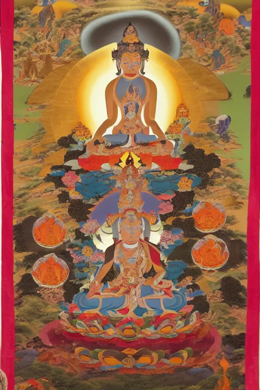 Prompt: a thangka of bodhisattva Manjushri, Manjushri featuring the bodhisattva seated in vajra position on a lotus throne, varada mudra, stem of a lotus, Saraswati is seated to his left in sattva mudra. a lotus blossom, Both figures are surrounded by an aura of flaming wisdom fire. Above them is the buddha Samantabhadra, with Amitabha above him. To the right of Manjushri is the bodhisattva of compassion, Avalokiteshvara, with his consort, the bodhisattva of compassion, Tara. Both figures are surrounded by an aura of compassion. Above them is the buddha Amitayus.