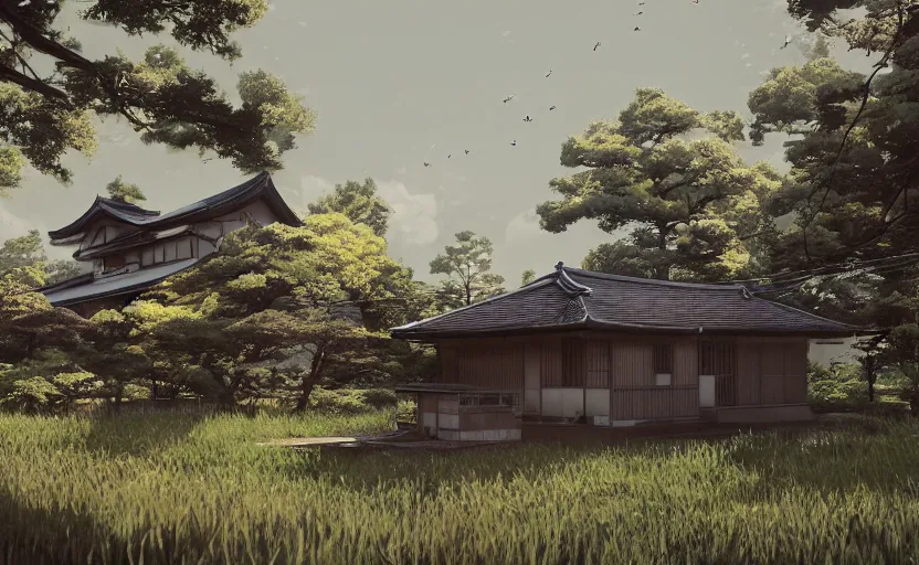 Prompt: Japanese countryside house, Low level, rendered by Beeple, Makoto Shinkai, syd meade, simon stålenhag, synthwave style, digital art, unreal engine, WLOP, trending on artstation, 4K UHD image, octane render