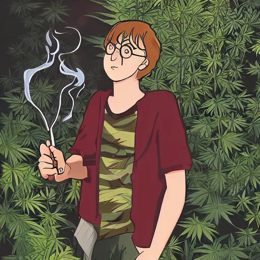 Prompt: harry potter in a jungle of weed plants, smoke everywhere, holding a wand that is a cigarette and a joint smoking out of it smoke, red eyes, bloodshot eyes, smoking weed