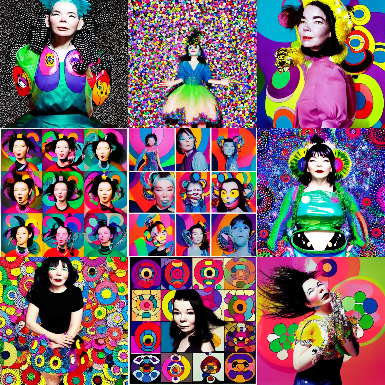 Image similar to professional portrait photoshoot of bjork bjork in the style of takashi murakami, colorful superflat movement, 1 9 9 6