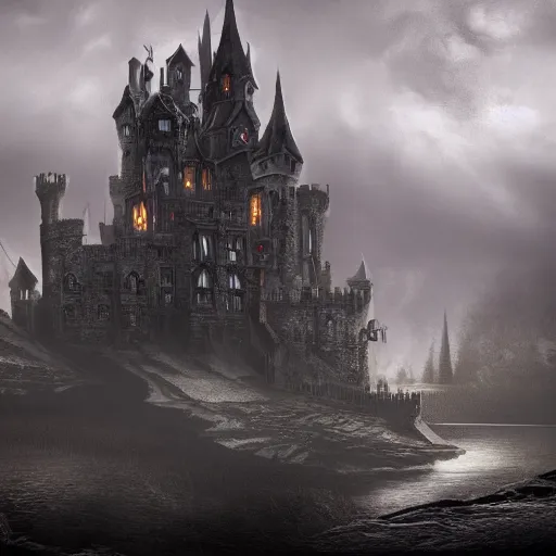 Image similar to a surreal elaborate dark gothic stone castle built over a lake at midnight with a second upside-down castle looming in the clouds above it, dramatic lighting, concept art, hyperdetailed, 4k