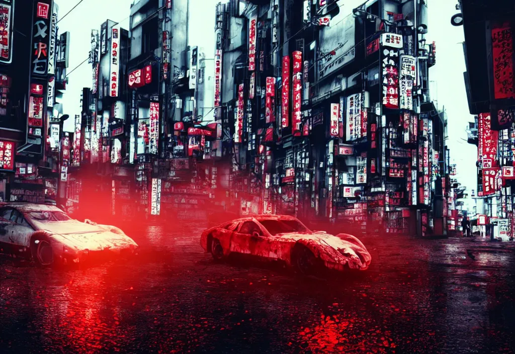 Prompt: tokyo city streets in blood, by cyberpunk style, max payne standing in blood, trending on artstation, cinematic, realistic buildings windows cars, realistic peoples, extreamly detailed, golden ratio, awesome greate composition, color balance harmony, physical correct light shadows, awesome exposition, like in real life, octane render 8 k, art by shonen gahosha, hyper realistic