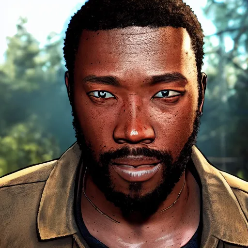 Image similar to portrait art of lee everett from game the walking dead by telltale games, 8 k ultra realistic, lens flare, atmosphere, glow, detailed, intricate, full of colour, led lighting, 4 k, hyperrealistic, focused, extreme details, unreal engine 5, masterpiece