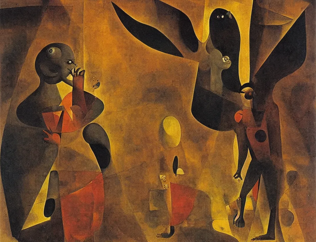 Image similar to a multiracial greek god following a watchful light through the streets of a city, high angle, sparse detail, by remedios varo, joan miro and moebius