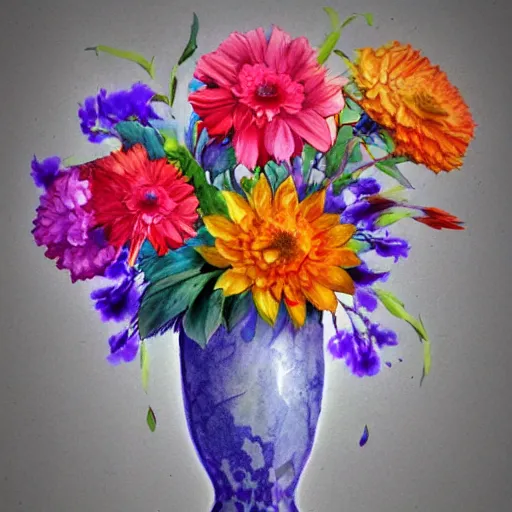 Prompt: a porcelain vase with a colorful and beautiful flower arrangement. watercolor and pencil drawing style. beautiful lighting, 4 k post - processing, trending in art station, cg society, highly detailed, 5 k extremely detailed, 3 d. cinematic scene.