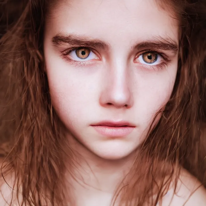 Prompt: Kodak Portra 400, 8K,low-key lighting, photographic extreme close-up face of a beautiful girl with clear eyes and brown hair , highly detailed, illuminated by a dramatic light, Low key lighting, high quality, photo-realistic.