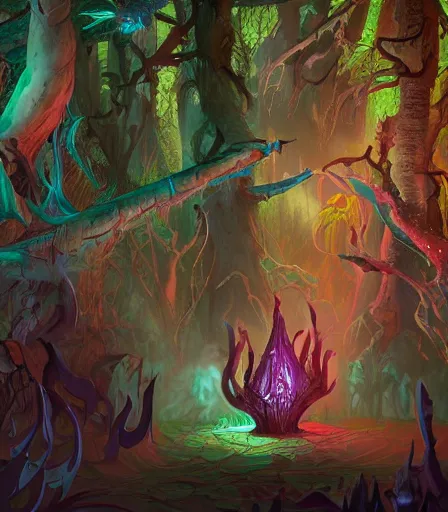 Image similar to The forest of dungeons and dragons by Alex Pardee and Nekro and Petros Afshar, and James McDermott,unstirred paint, vivid color, cgsociety 4K