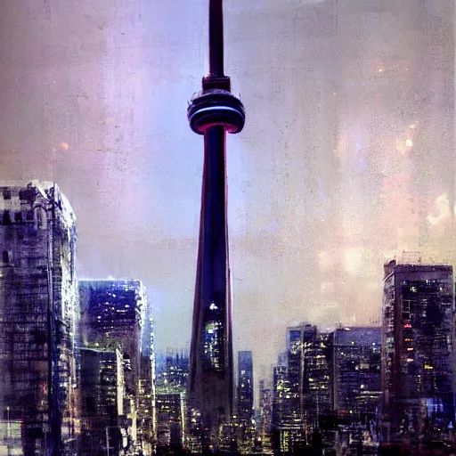 Image similar to toronto cn tower painting by jeremy mann