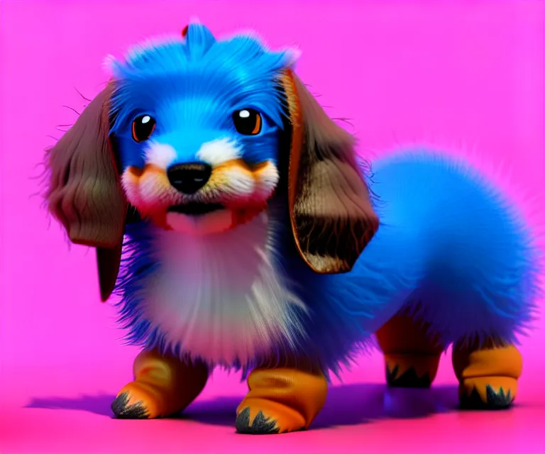 Image similar to high quality 3 d render hyperrealist very cute fluffy dachshund - pokemon, plush mascot, long spiky fluffy smooth hair, photo from the side, multi colors, vivid colors, vray, smooth background, artstation, ultra detailed