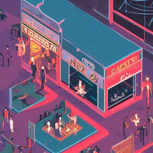 Prompt: isometric view illustration of a very lively bar neighborhood , highly detailed, end of the day, by Victo Ngai and James Gilleard , Mumford Dan, Pennington Bruce