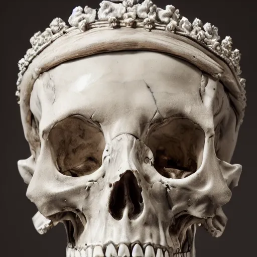 Prompt: a marble sculpture of the queen of bones, detailed face, crown of skulls, sitting on a throne of bones, by michaelangelo, high detail, hard lighting, 4 k