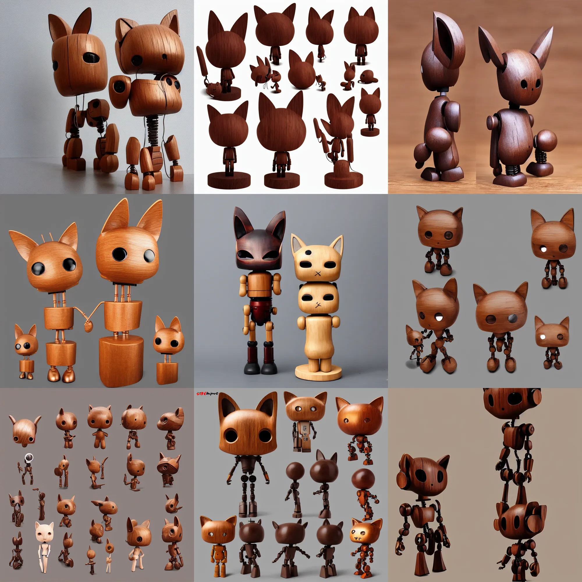 Prompt: sculpture beautiful realistic character, wooden design art toys collection very cute figurine android robot cat ears cyberpunk, photorealistic, in gallery of art in background, concept art cgsociety style popart, funko