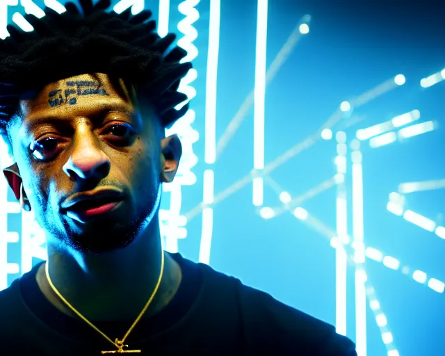 Prompt: 3 5 mm closeup portrait of 2 1 savage ’ s less famous but much much much older and talented brother top fragging in his live action video game, pipes, wires, dramatic lighting, octane, blue lights, lens flare, industrial, dirty, trending on artstation, golden ratio, h. r. giger, mist, action, volumetric lighting