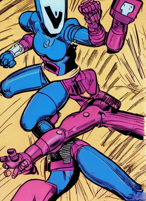 Prompt: dynamic comic panel of a beautiful riot grrl female superhero in short shorts fighting a chrome robot by cory walker and ryan ottley and jack kirby and barry windsor - smith and norman rockwel and frank frazetta, concept art, smooth, sharp focus, comic, illustration, photo real