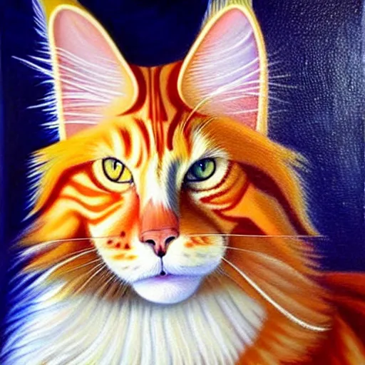 Image similar to beautiful oil painting of an orange mainecoon with a white beard. wearing a white wide brimmed sombrero